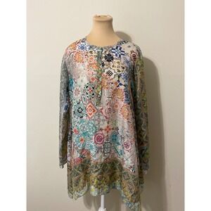 JOHNNY WAS Silk Tile Print Boho Chic Casual Festival Tunic Top Women's Size S